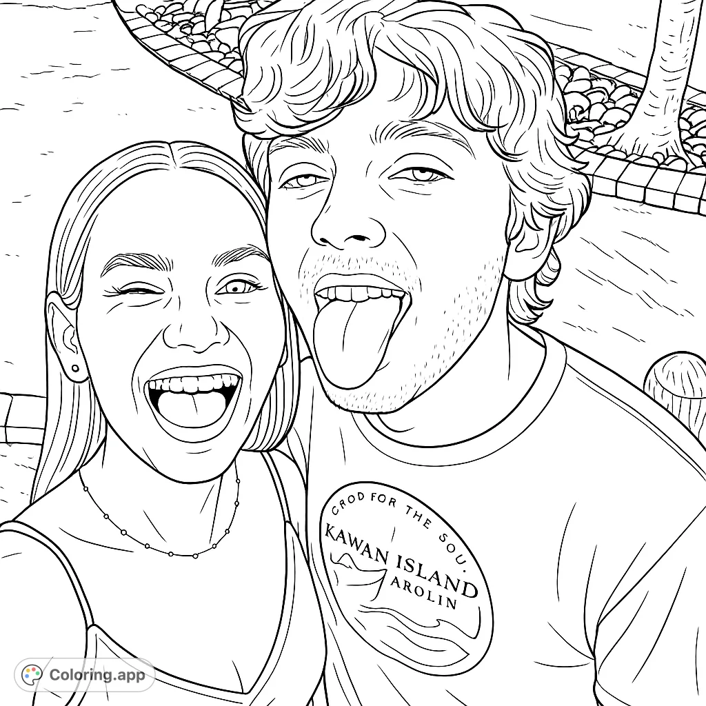 Capture a moment of pure joy with this playful selfie coloring page featuring two expressive individuals in an outdoor setting, perfect for all ages.