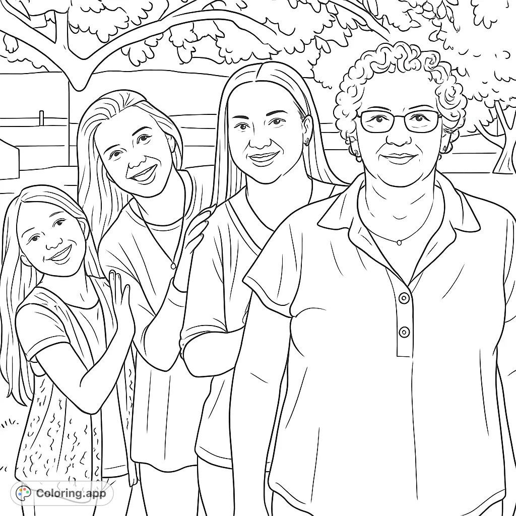A heartwarming family portrait featuring four smiling females across generations, set against a serene outdoor backdrop. Perfect for personalizing.