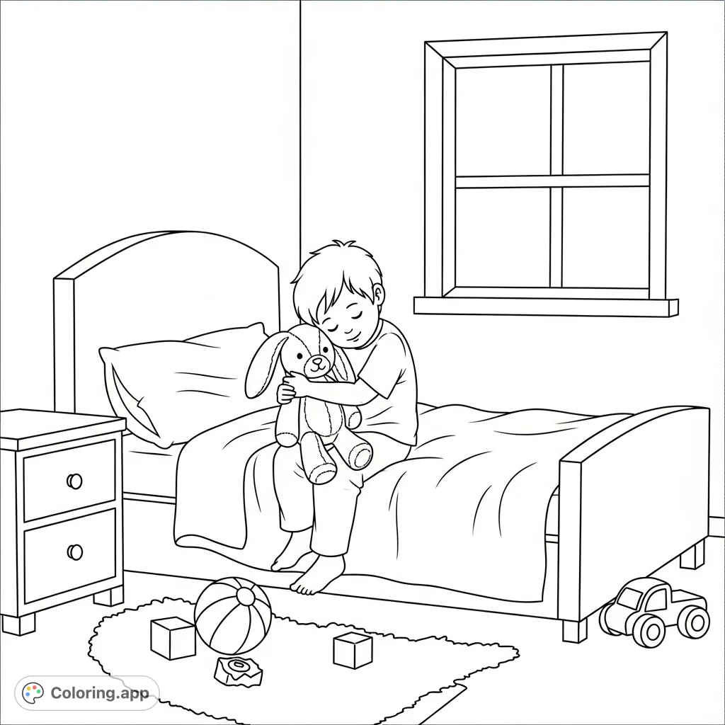 A heartwarming bedroom scene featuring a young boy hugging his soft bunny plushie amidst scattered toys, perfect for a cozy coloring moment.