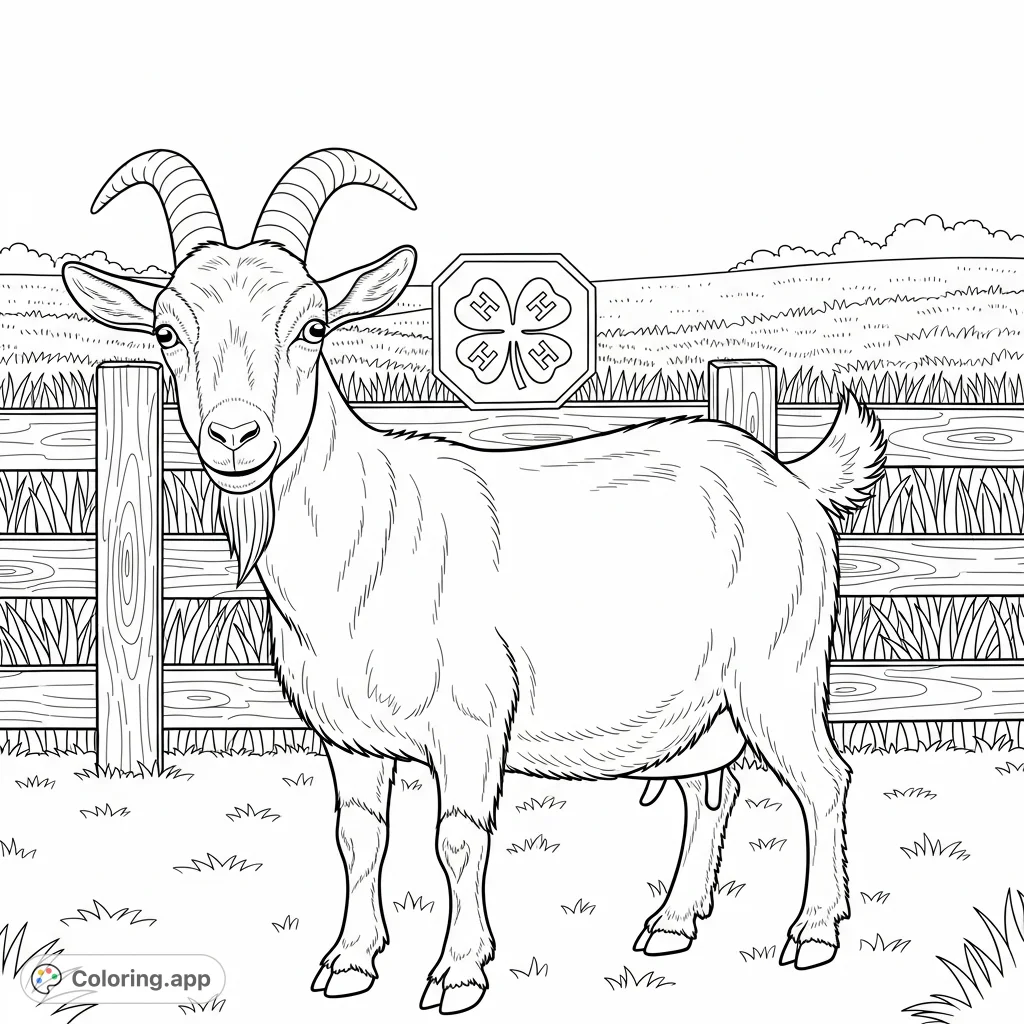 A charming goat stands proudly in a farm setting, featuring the iconic 4H emblem. Perfect for celebrating agriculture and youth programs.