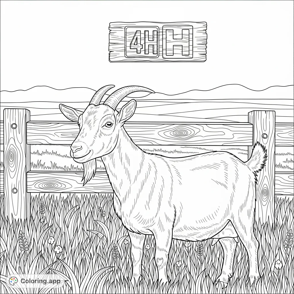 A charming goat stands in a farm setting with a "4H" banner, perfect for a goat 4H coloring page. This free printable coloring page is great for all ages!