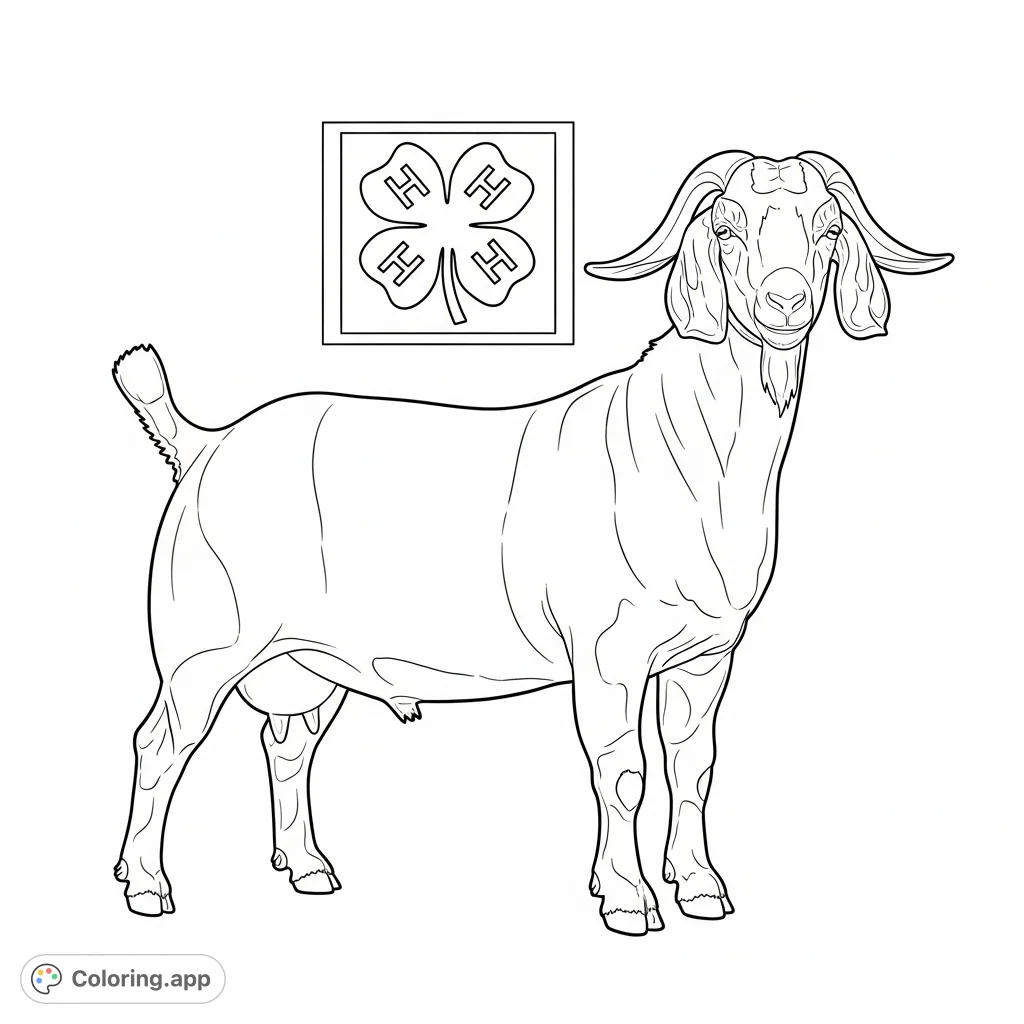 A proud Boer goat stands ready for show, with a prominent 4H emblem, perfect for farm animal enthusiasts and agricultural education.