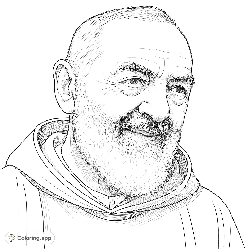 A realistic portrait of a revered monk, featuring a detailed beard and contemplative expression. A spiritual and calming free printable coloring page.
