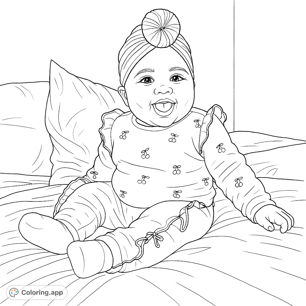 A delightful baby in a cherry-patterned outfit and turban, smiling brightly. Perfect for a heartwarming coloring experience for all ages.