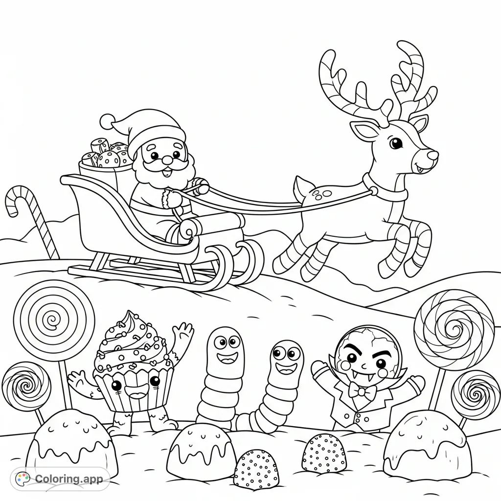 Join Gingerbread Santa on his candy-pulled sled, as a Cupcake Monster, Gummy Worm, and Vampire Cookie wave from a whimsical, snowy candyland.