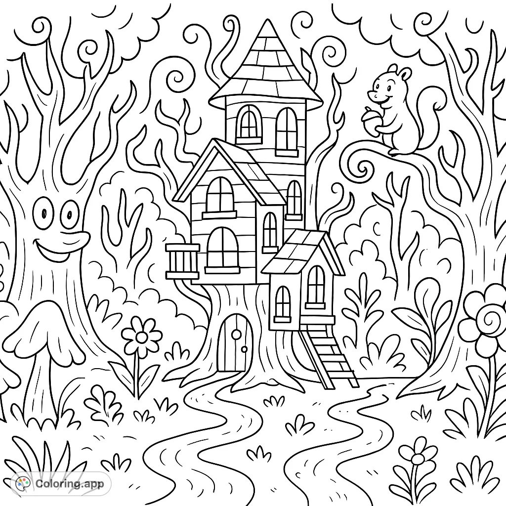 Explore a magical forest with a charming treehouse, a friendly smiling tree, and a playful squirrel. A delightful scene for imaginative coloring fun!