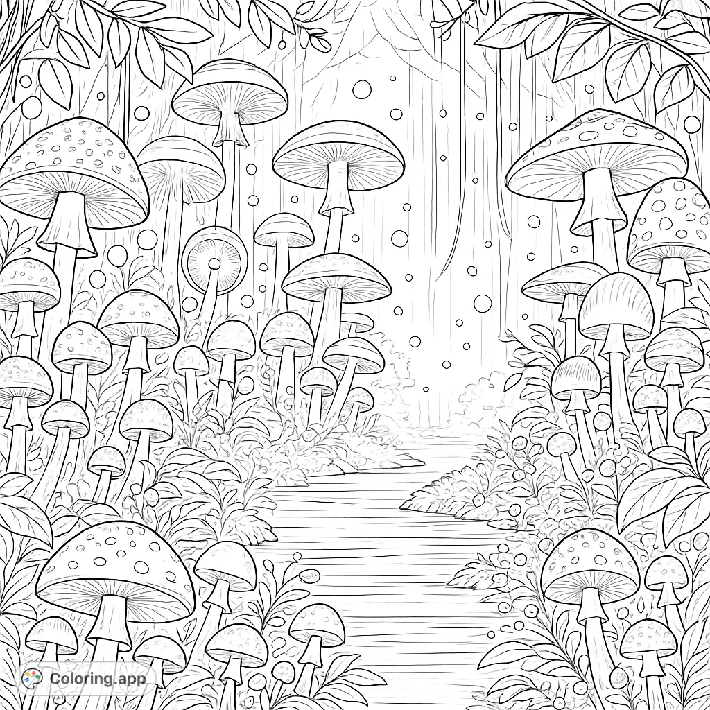 Explore a magical forest filled with whimsical mushrooms and sparkling elements. A delightful fantasy scene perfect for imaginative coloring adventures.