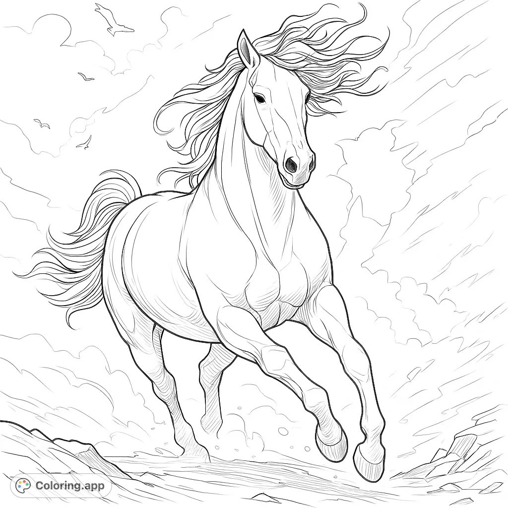 A majestic horse with a flowing mane and tail gallops dynamically through an atmospheric, cloud-filled landscape, evoking power and freedom.
