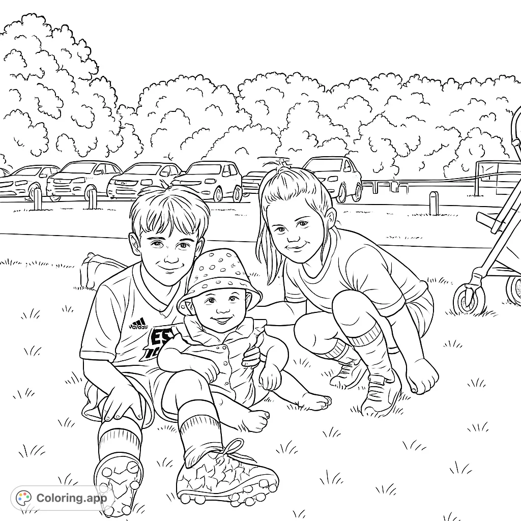 Capture a heartwarming scene of three children enjoying an outdoor day. This free printable family coloring page is perfect for all ages, featuring playful siblings and a sunny setting.