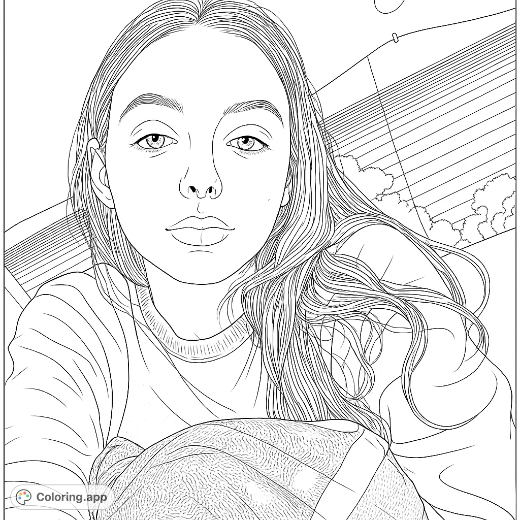 Capture a serene moment with this detailed portrait coloring page. A young person is depicted, partially covered by a textured blanket, in a cozy setting.