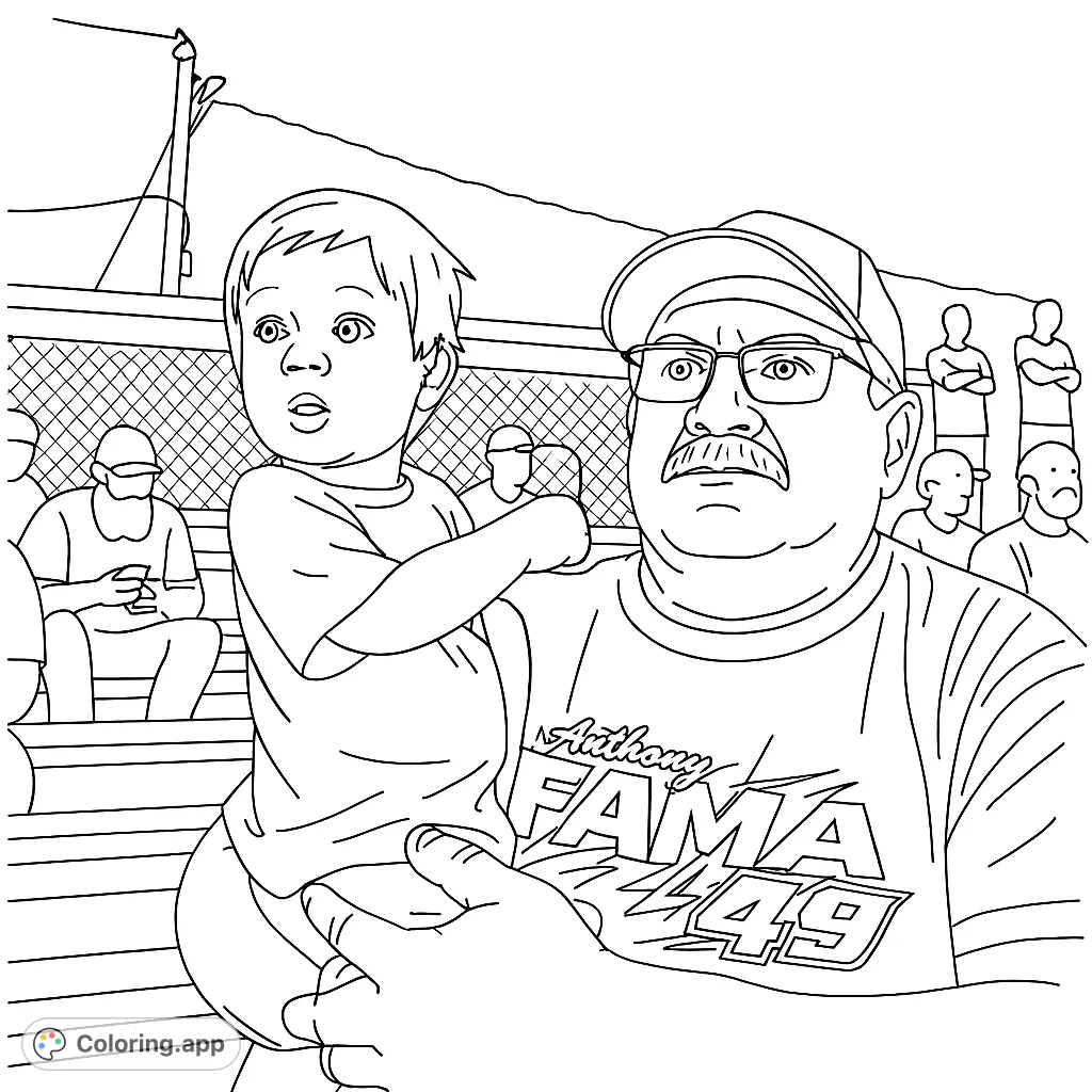 Capture a heartwarming moment with this family fun spectators coloring page. An adult holds a child, both engrossed in an event, perfect for all ages.