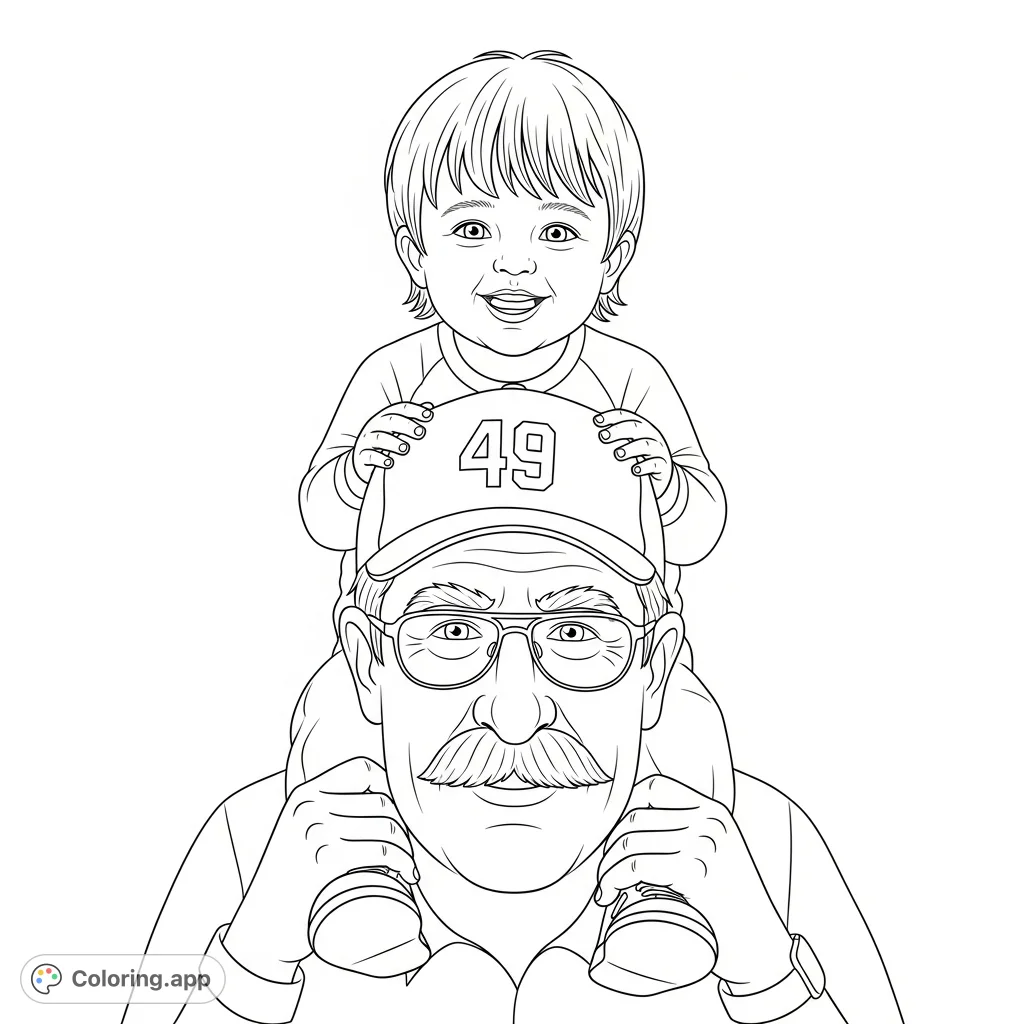 A heartwarming free printable coloring page featuring a joyful boy on his grandpa's shoulders, perfect for celebrating family bonds and creating cherished memories.