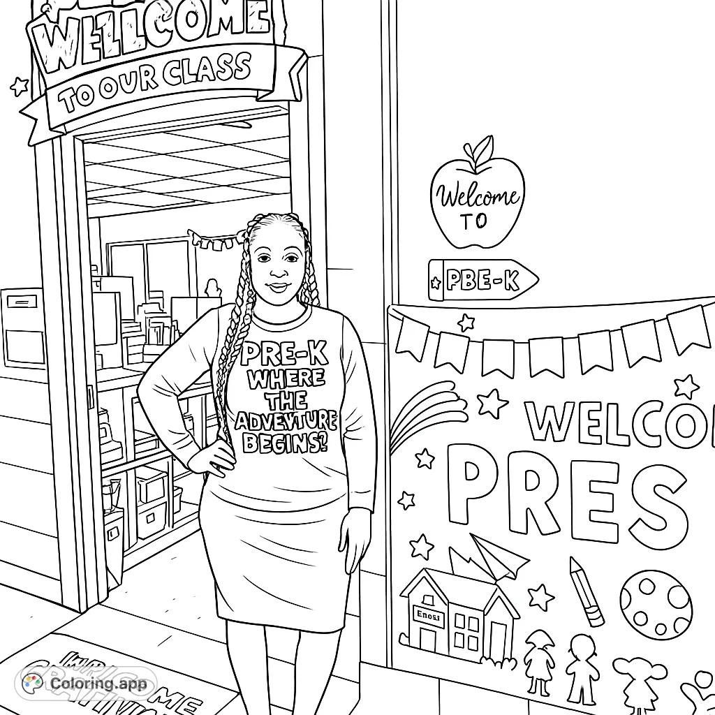 A cheerful preschool classroom welcome scene with a teacher, decorated doorway, and a vibrant banner, perfect for young learners.