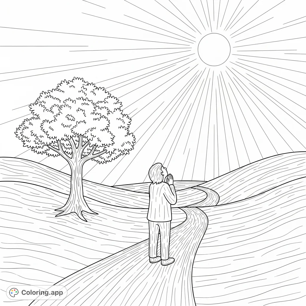 A serene scene depicting a figure on a winding path, looking towards a radiant light, symbolizing hope and spiritual journey. Perfect for reflection.