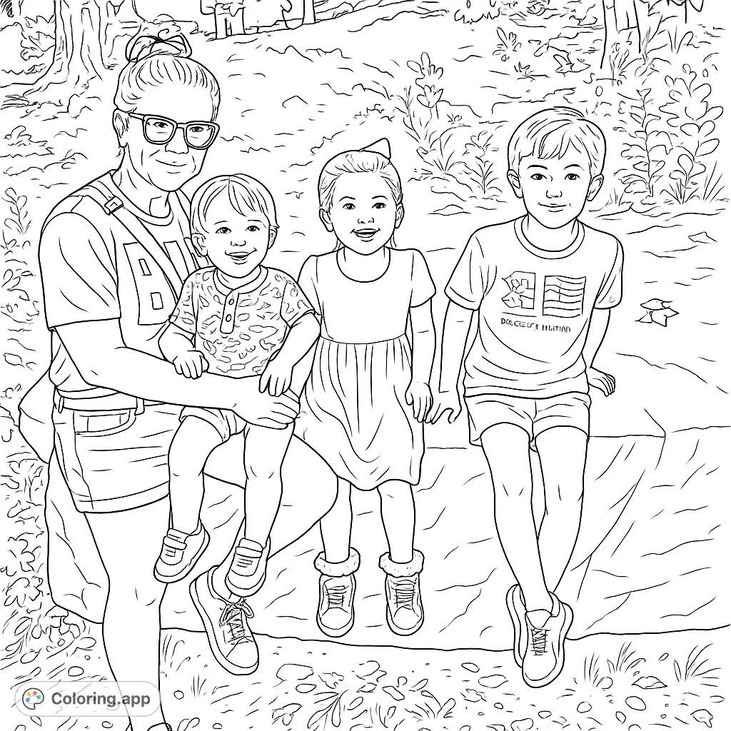 Capture a heartwarming outdoor family moment! This free printable family gathering coloring page features an adult and three children on a large rock amidst nature.