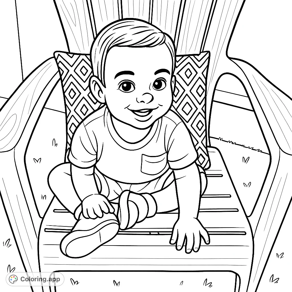 A delightful coloring page featuring a happy child sitting on an Adirondack chair with a patterned cushion. Perfect for young artists to bring to life with vibrant colors.