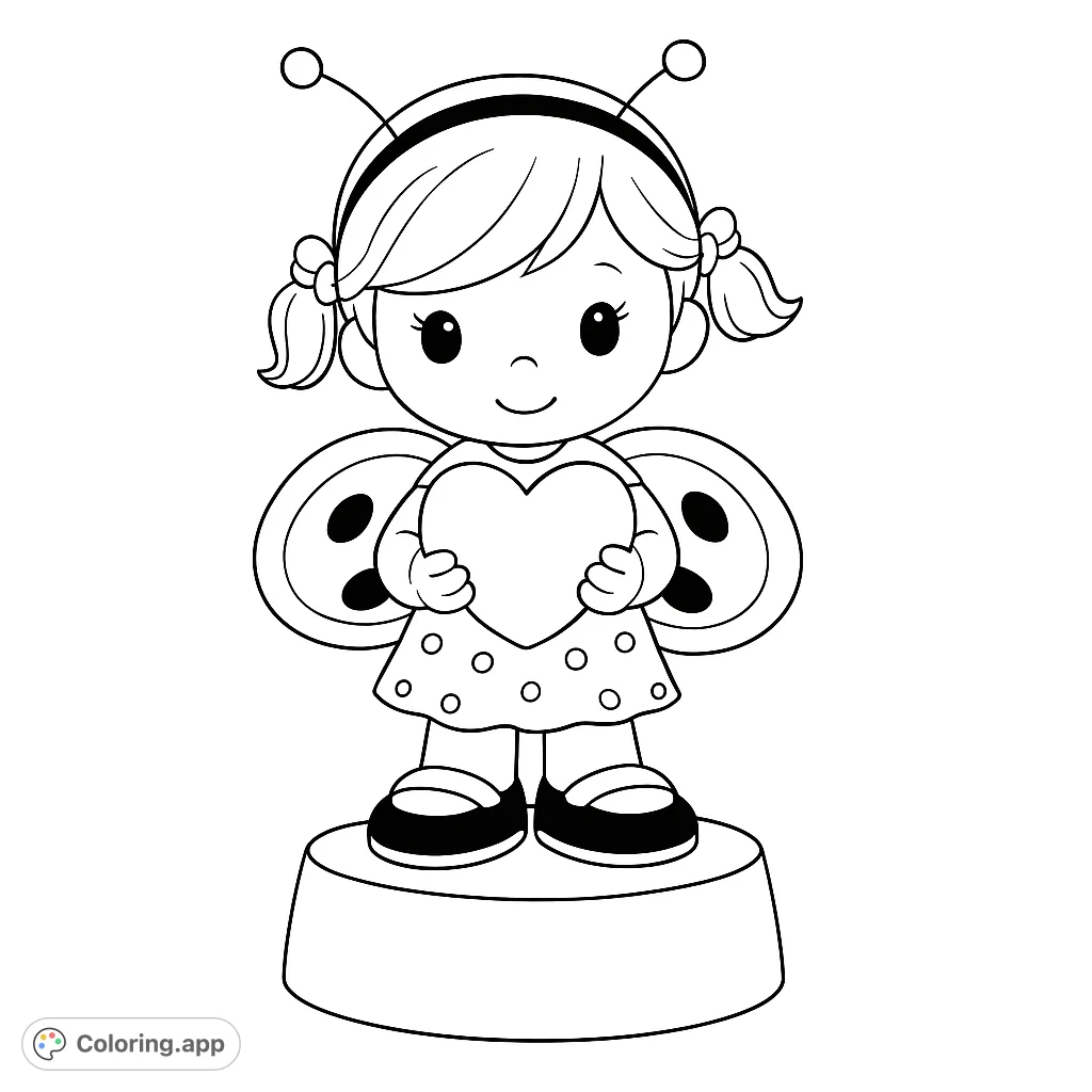 A charming ladybug girl figure holding a heart, perfect for a delightful coloring experience. Features pigtails, patterned wings, and a textured base.