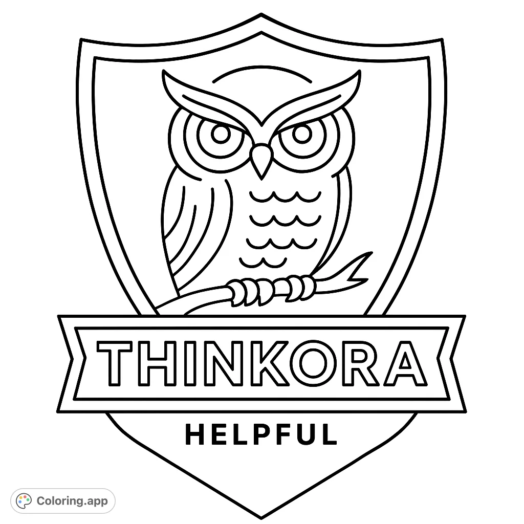 Color a wise owl emblem within a classic shield, featuring intricate feather patterns and decorative banners. Perfect for all ages to enjoy!