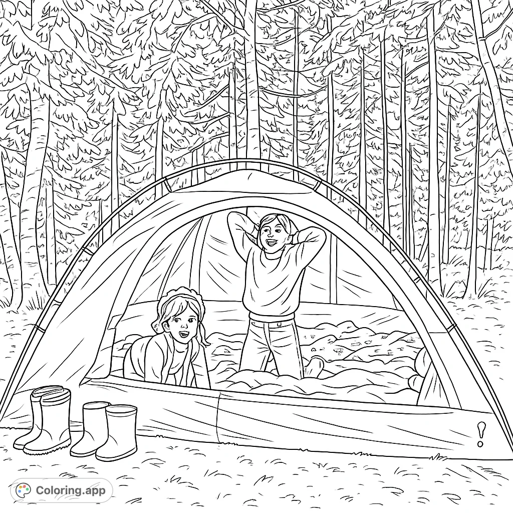 Two happy girls enjoy a cozy tent adventure amidst a serene forest. Perfect for young explorers, this camping scene invites creativity and imaginative play.