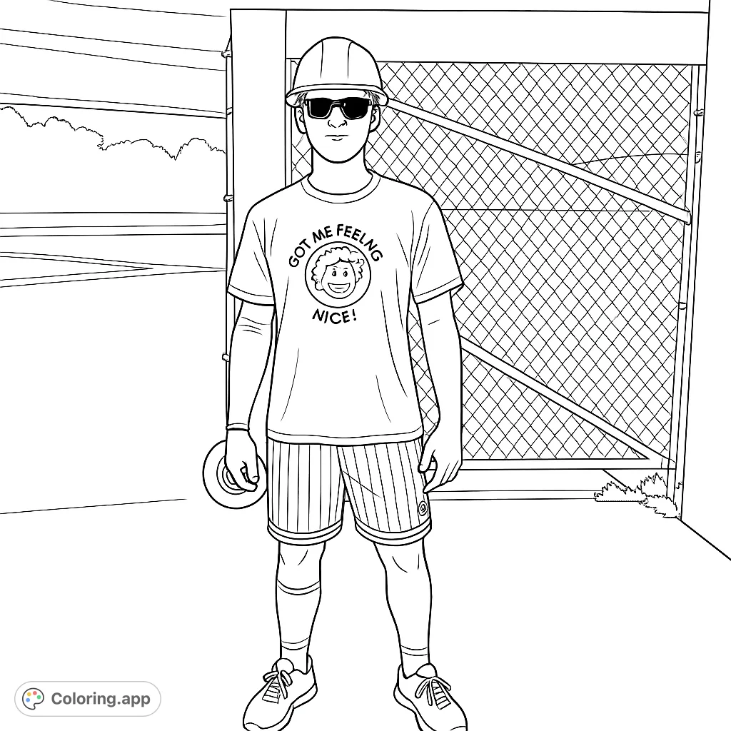 A unique coloring page featuring a young man in a hard hat and character tee, standing before a chain-link fence. Perfect for creative expression!