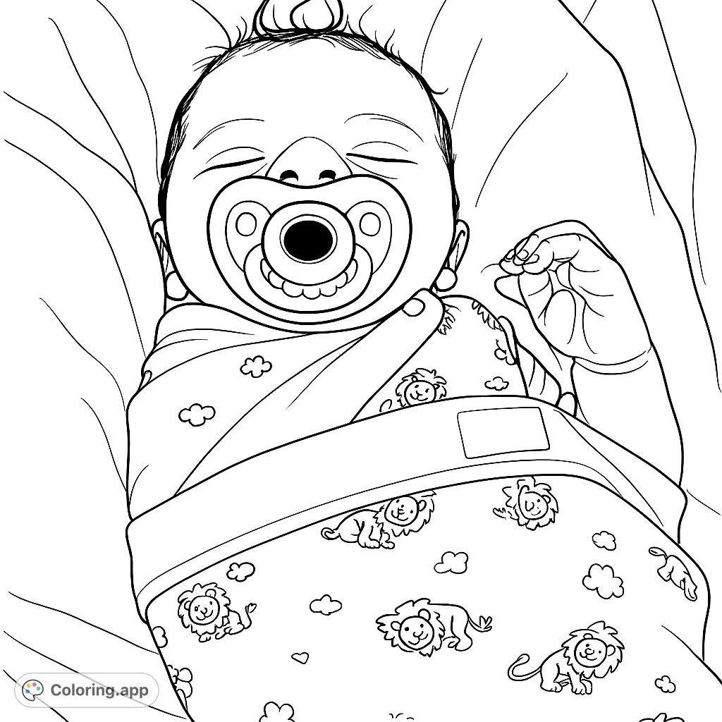 Capture the tender innocence of a newborn baby, swaddled in a patterned blanket with a pacifier. A heartwarming scene for all ages.