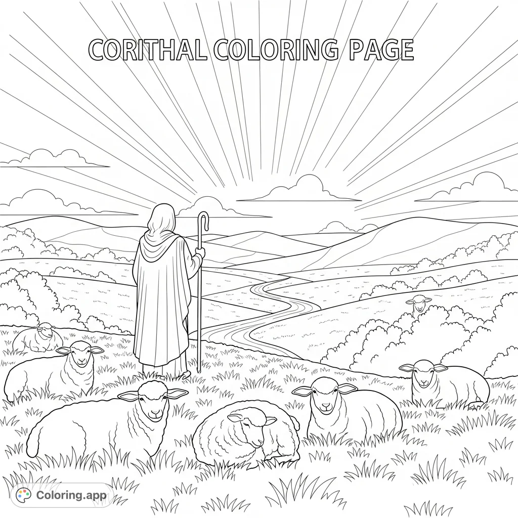 A serene shepherd guides his flock in abundant pastures, with rolling hills and gentle light. A calming Christian coloring page for all ages.