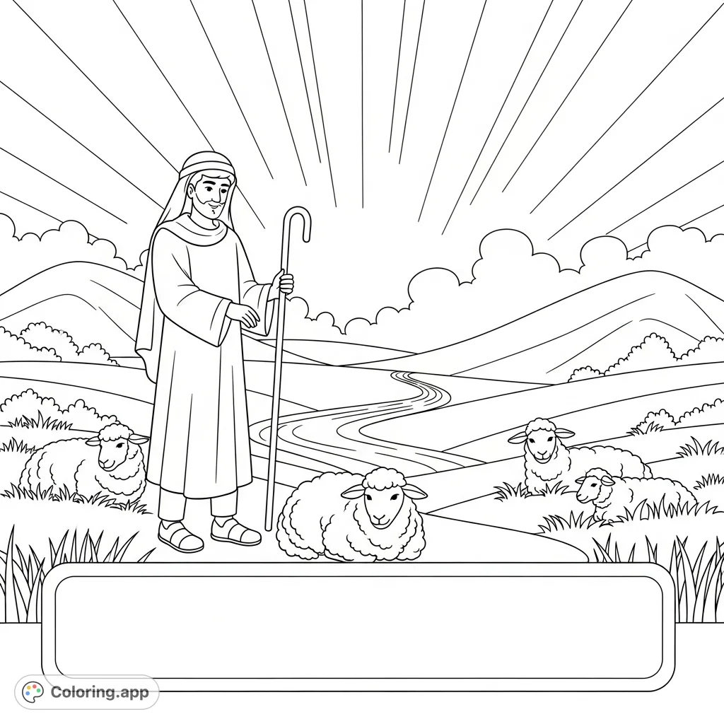 A serene Christian coloring page featuring a shepherd, his flock, and a tranquil landscape with rolling hills and a gentle stream, perfect for reflection.