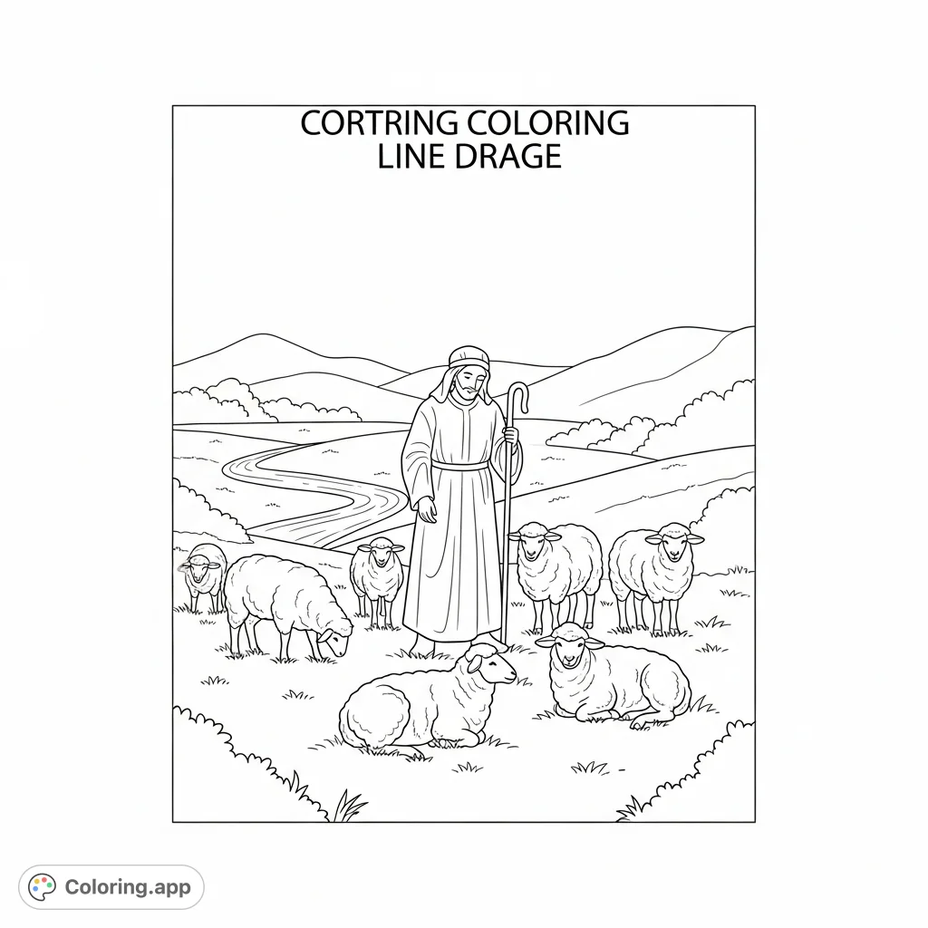 A serene pastoral scene featuring a gentle shepherd with a staff, surrounded by peaceful sheep in a field with a winding stream and rolling hills.