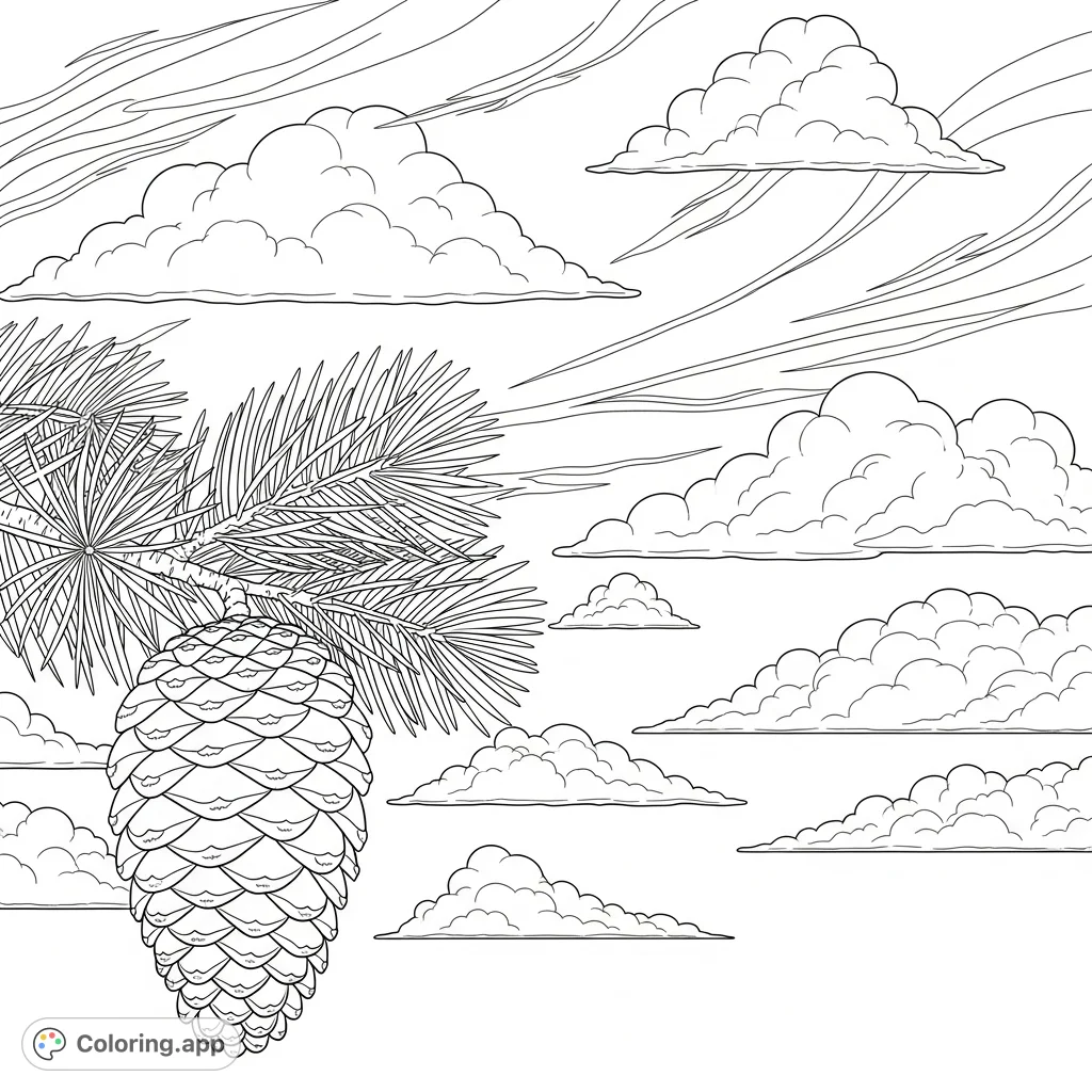 Explore a serene weather scene featuring fluffy clouds and a detailed pine cone. A perfect free printable weather coloring page for all ages to enjoy!