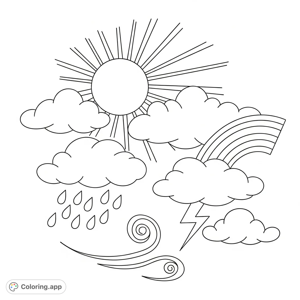 Explore a delightful weather scene featuring a cheerful sun, fluffy clouds, falling rain, a vibrant rainbow, and a playful wind swirl. Perfect for all ages!