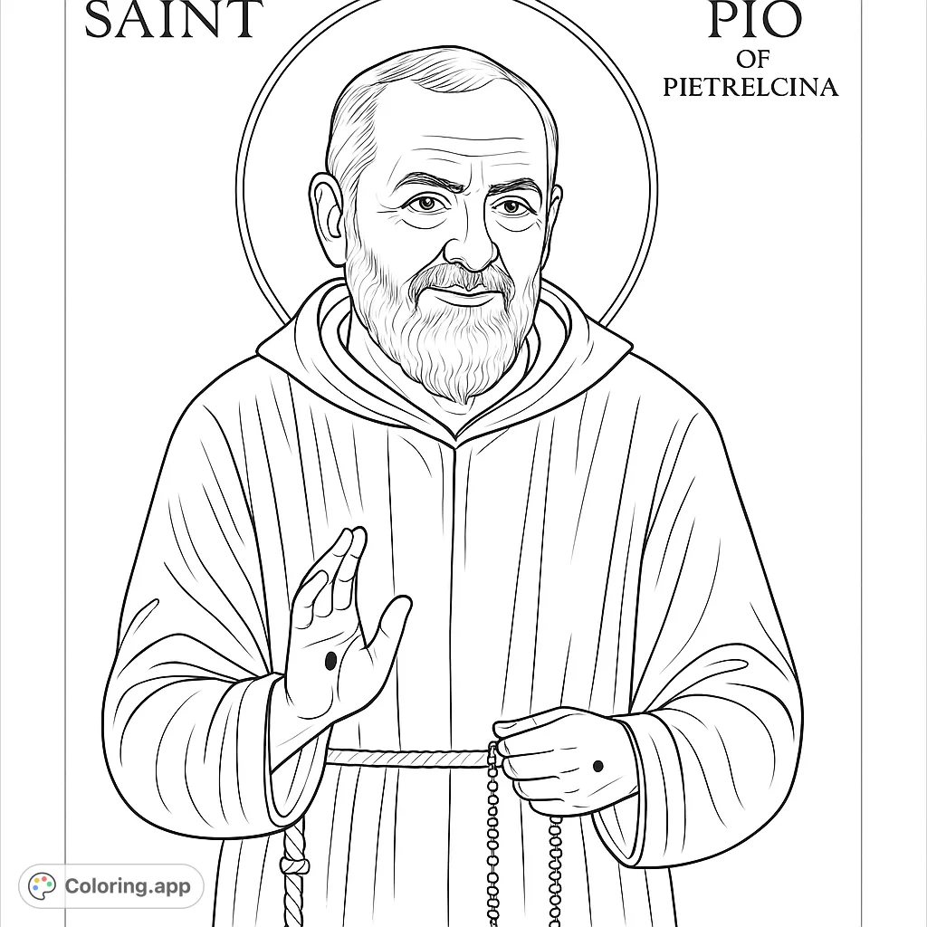 A reverent portrait of Saint Pio of Pietrelcina, featuring his monastic habit, rosary, and stigmata. A detailed and inspiring religious coloring page.