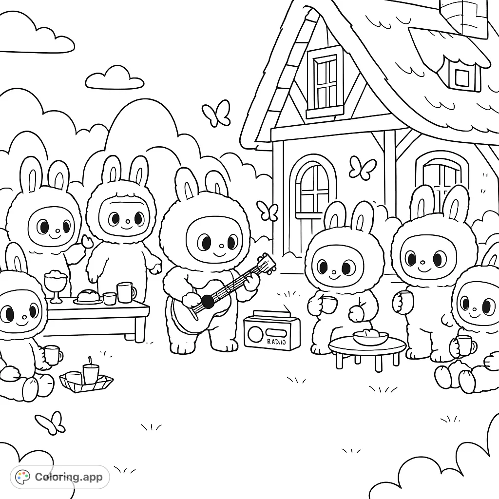 A delightful scene featuring cute bunny-hooded characters enjoying a playful gathering with music, treats, and friends in a whimsical outdoor setting.