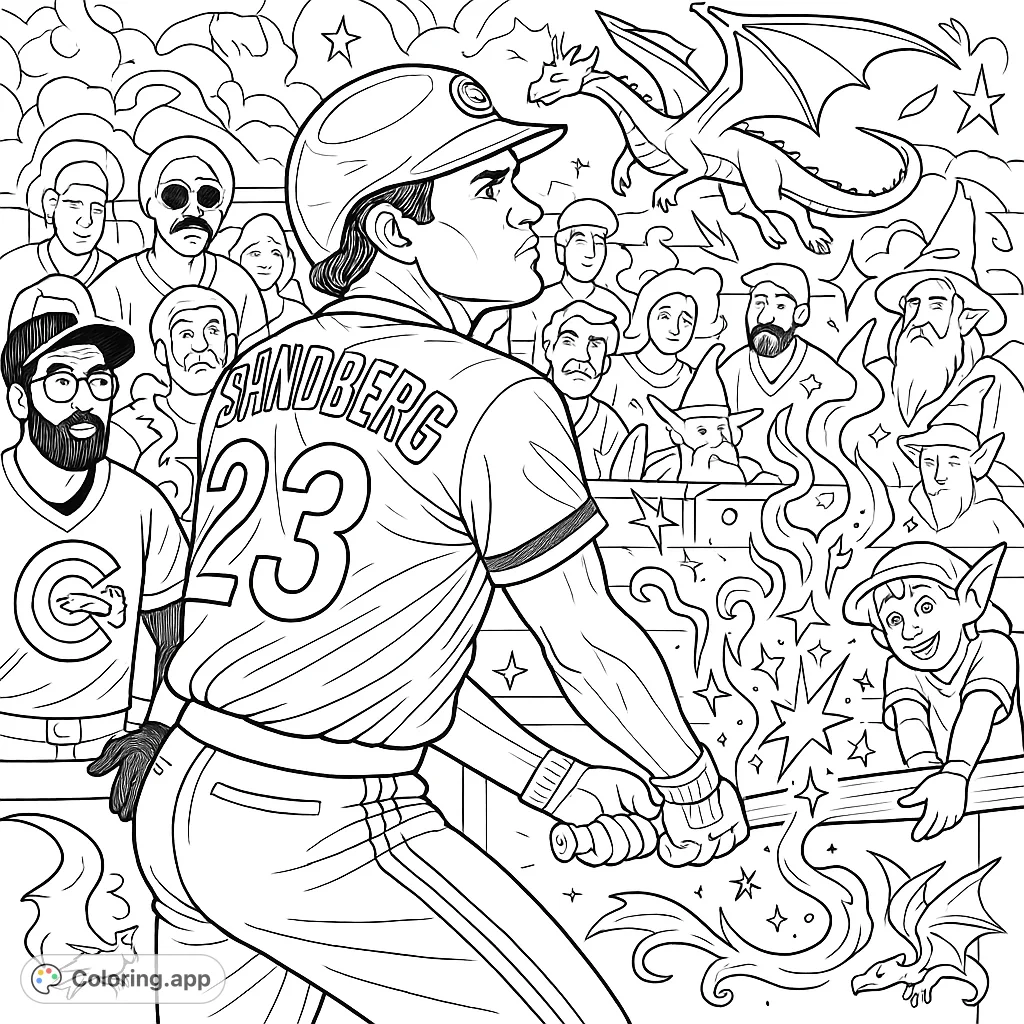 Unleash your creativity with this fantasy baseball coloring page! A powerful player swings, surrounded by a mystical aura and a cheering crowd.