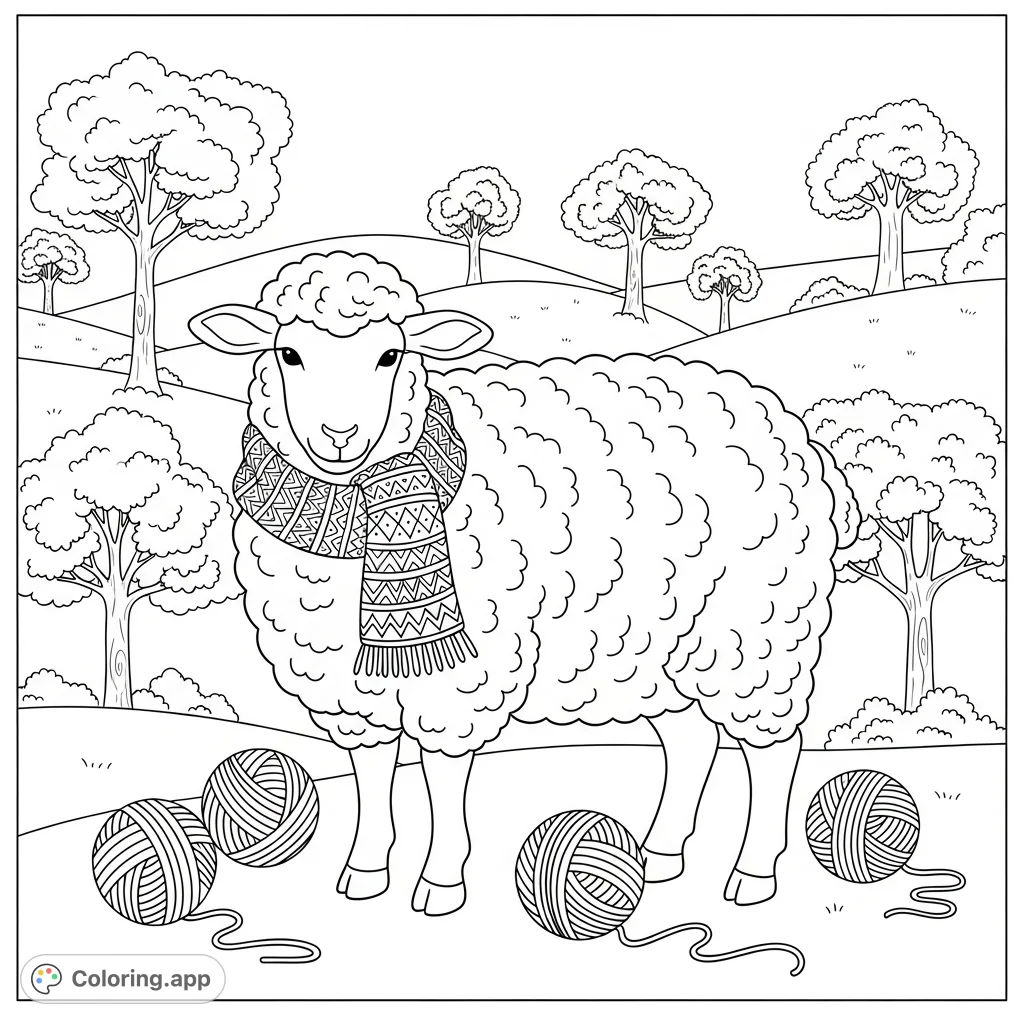 A charming sheep wearing a patterned scarf, surrounded by yarn balls, set against a backdrop of rolling hills and trees. A delightful and cozy scene.