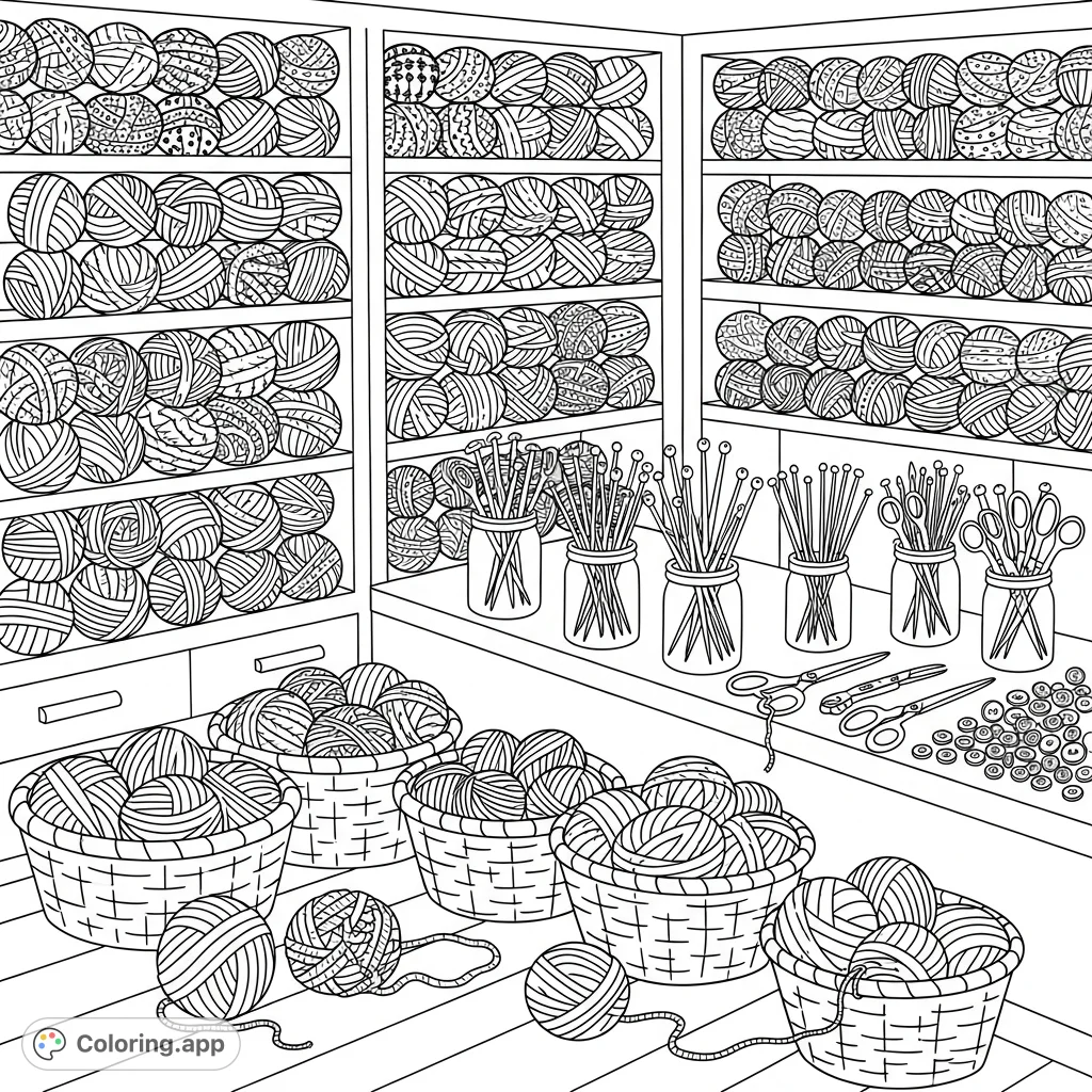 Explore a charming yarn shop filled with neatly stacked skeins, overflowing baskets, and crafting tools. A detailed scene for creative colorists.