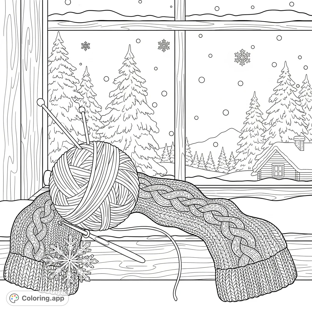 Immerse yourself in a cozy winter wonderland, featuring intricate knitting and crochet patterns amidst a snowy landscape. Perfect for mindful coloring.