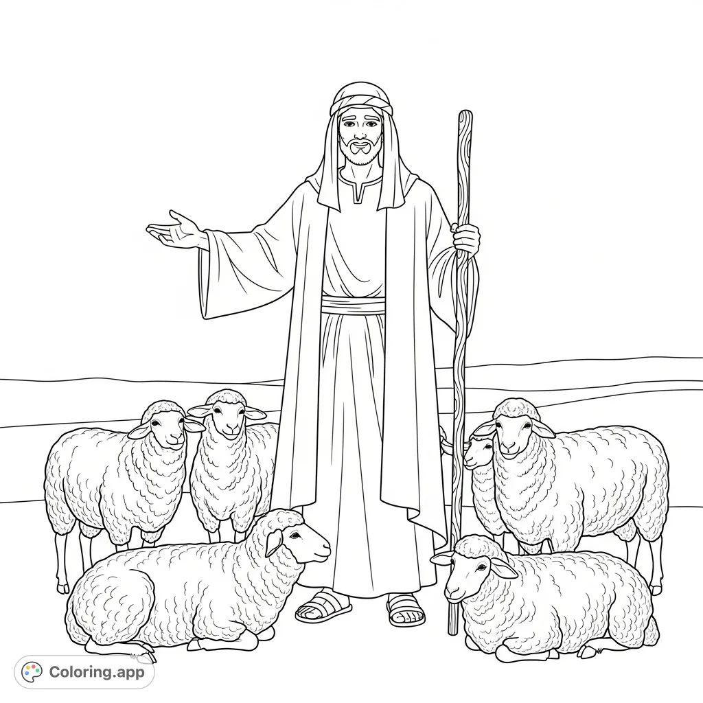 A serene Jesus with his sheep, standing in a peaceful landscape. This free printable coloring page offers a calming scene for reflection and creativity.