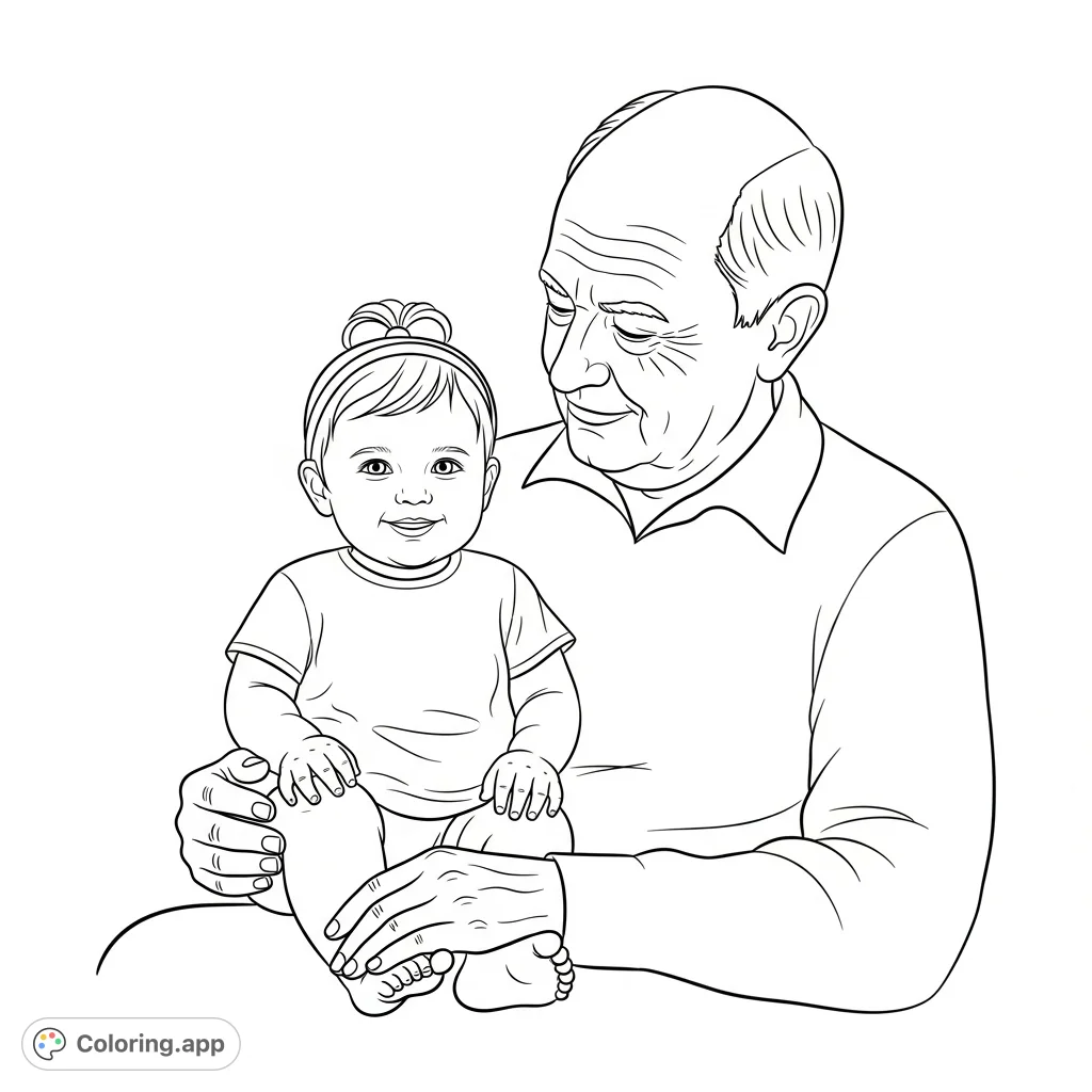 A heartwarming coloring page featuring a toddler sitting on her grandpa's lap, sharing a tender moment of family connection and love.
