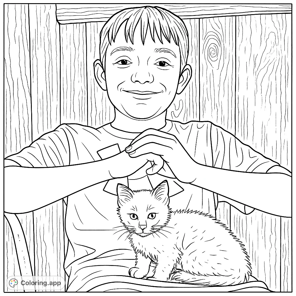 A heartwarming coloring page featuring a smiling boy gently holding a fluffy kitten on his lap against a rustic wooden background. Perfect for animal lovers!