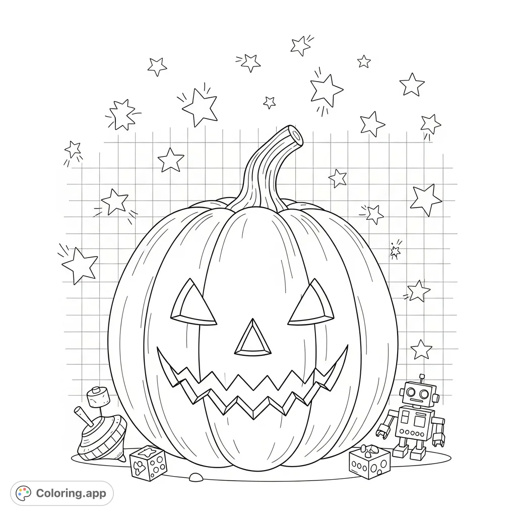 A charming jack-o'-lantern with a carved face, surrounded by playful toys and celestial stars, set against a subtle grid background. A minimalist, hand-drawn design.