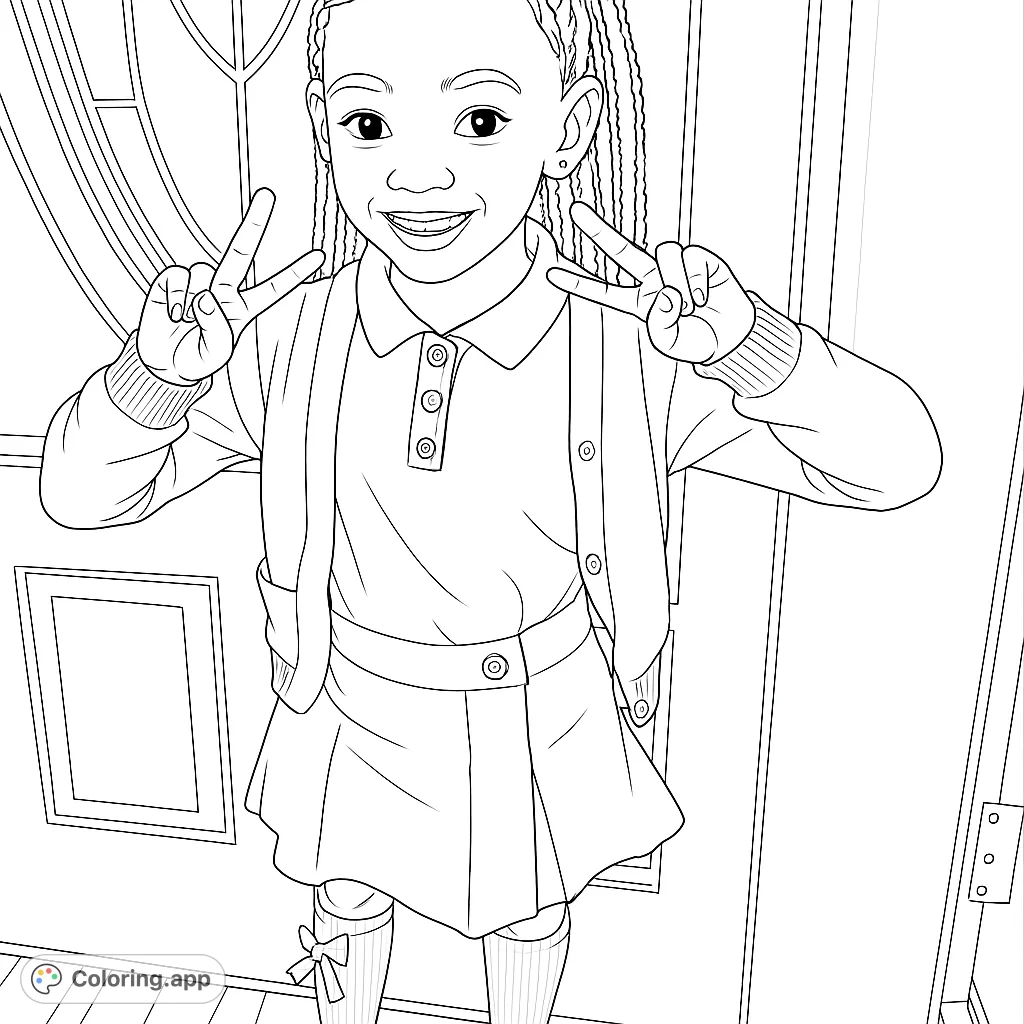 A cheerful girl in a school uniform, making peace signs and smiling. A delightful school-themed coloring page for young artists to enjoy.