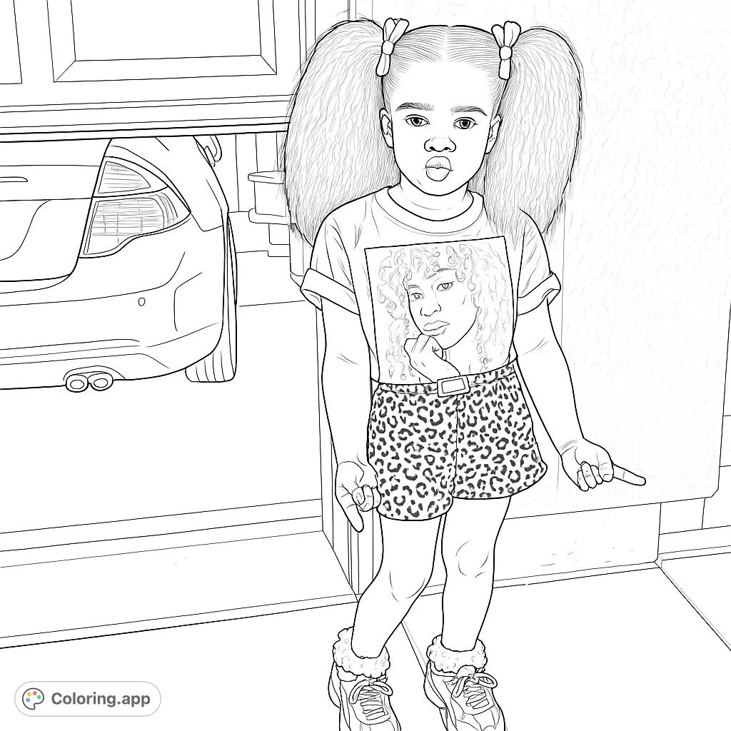 A playful girl with big pigtails and spotted shorts stands in front of a garage, ready for a fun coloring adventure. Free printable coloring page.