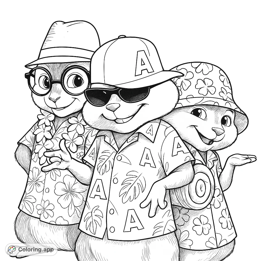 Join three cheerful chipmunks in their vacation attire! A fun, free printable chipmunk coloring page perfect for kids and fans of these beloved characters.