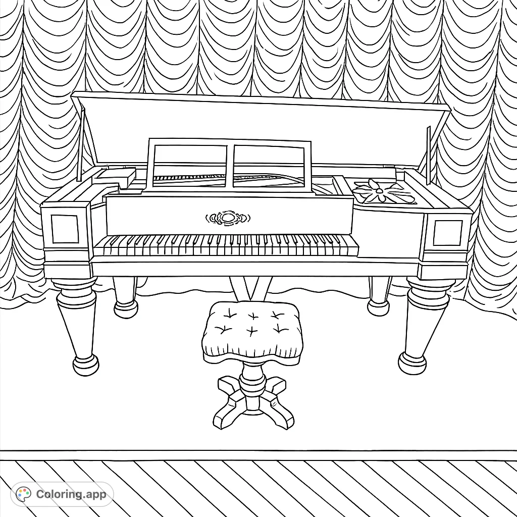 Explore a detailed antique square piano coloring page with its lid open, revealing intricate mechanisms. A matching stool completes this historical scene.