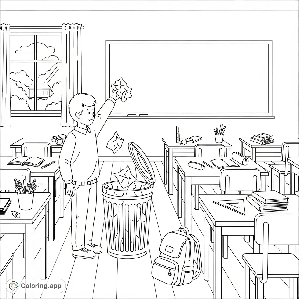 A student responsibly disposes of trash in a classroom, surrounded by desks, chairs, and a blackboard. Perfect for teaching cleanliness and good habits.