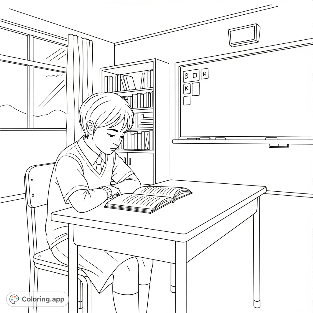 A peaceful classroom scene featuring a student engrossed in a book at their desk. Perfect for encouraging focus and a love for learning.