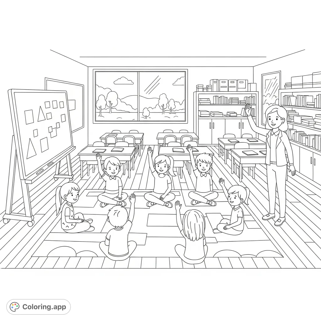 A lively classroom scene featuring students seated on a carpet, eagerly raising their hands to participate. Perfect for young learners to color and imagine school adventures.
