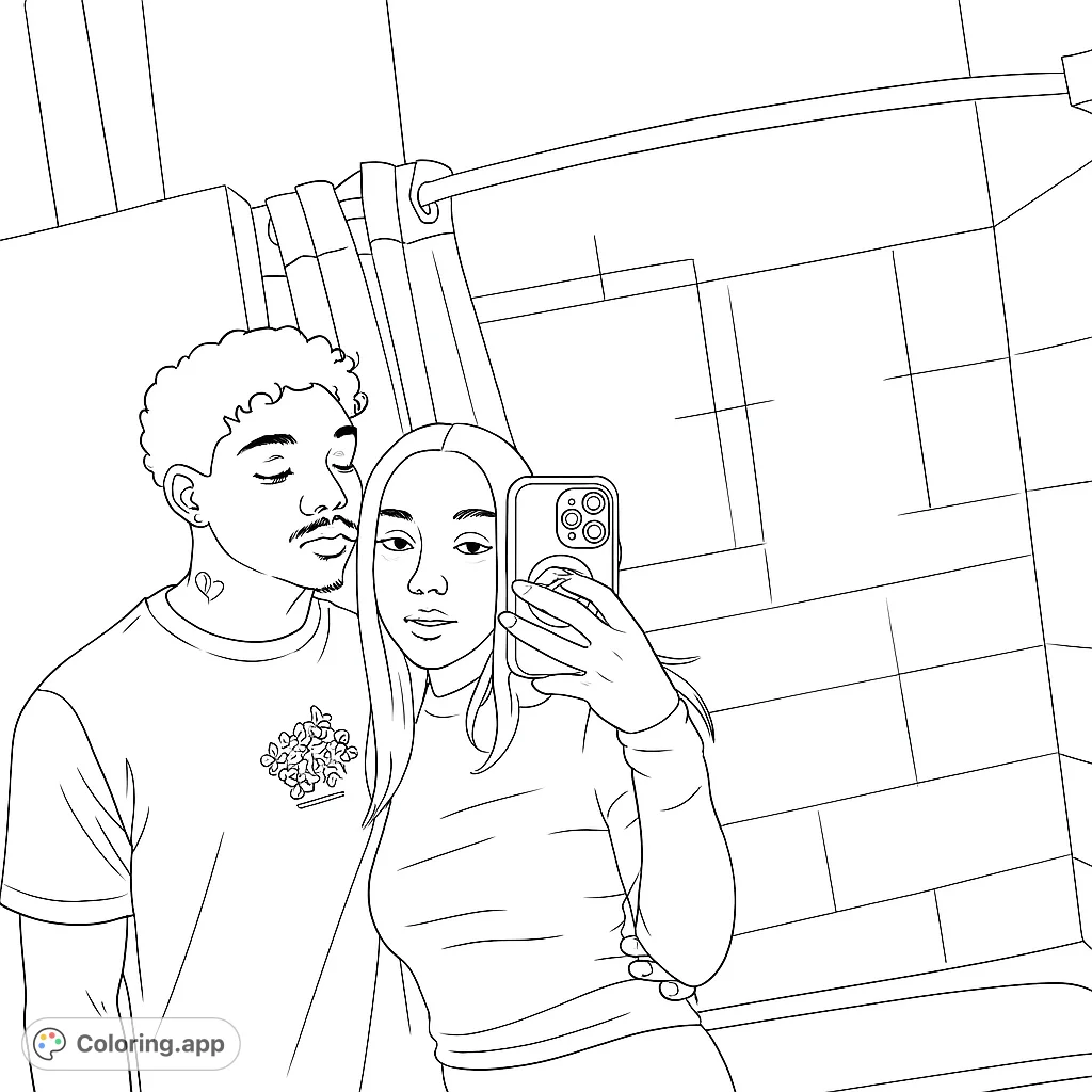 Capture a modern couple's intimate mirror selfie. This free printable couple coloring page offers a contemporary scene for creative expression and connection.