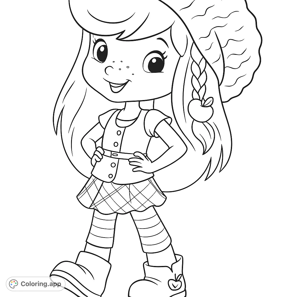 A delightful cartoon girl with a textured beret, plaid skirt, and apple details, perfect for a fun coloring adventure.