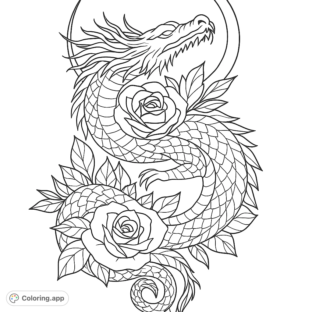 An intricate dragon entwined with elegant roses and a crescent moon, offering a challenging and rewarding coloring experience for fantasy art lovers.